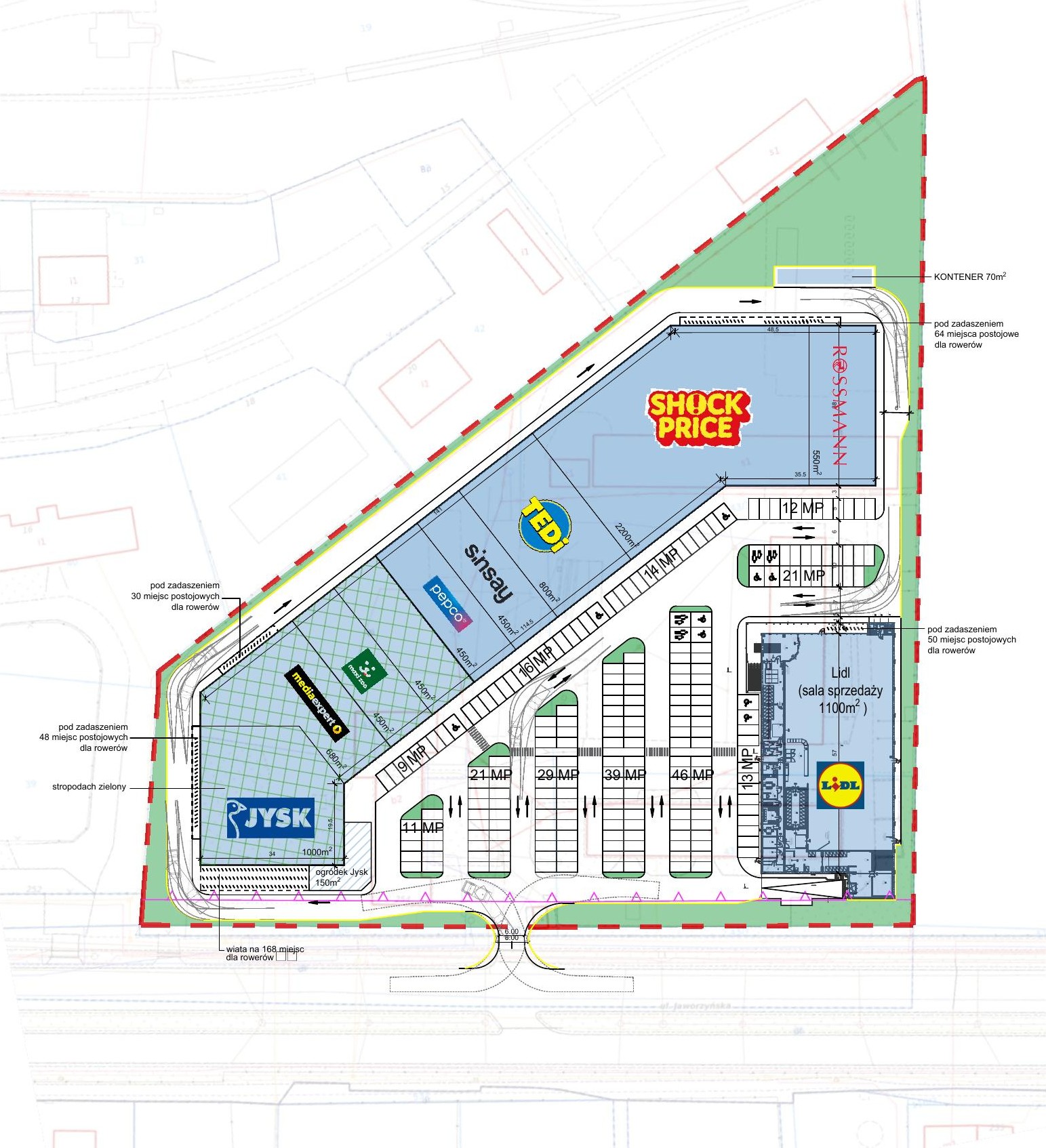 Plan zagospodarowania terenu SHOPLAND Legnica, ul. Jaworzyńska — układ budynków, najemcy, parkingi i wiaty rowerowe